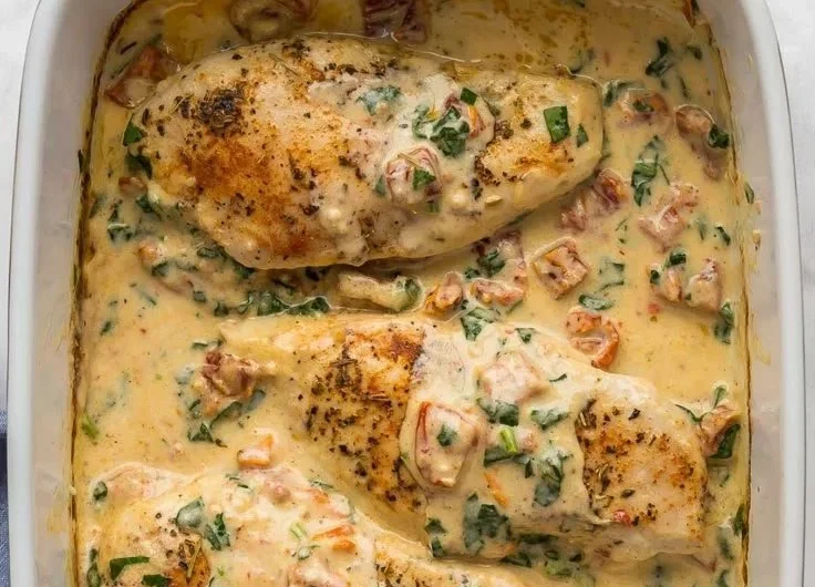 Baked Tuscan Chicken Breast with herbs and a savory sauce