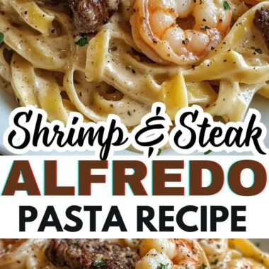 Plate of Cajun shrimp and steak alfredo pasta with creamy sauce