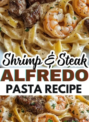 Plate of Cajun shrimp and steak alfredo pasta with creamy sauce