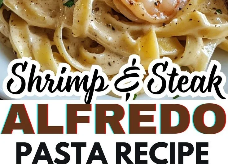 Plate of Cajun shrimp and steak alfredo pasta with creamy sauce