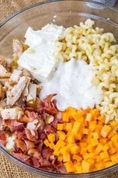 Delicious Chicken Bacon Ranch Pasta Salad in a bowl with fresh ingredients