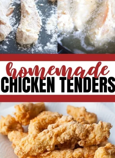 Crispy fried chicken tenders served with dipping sauce on a plate