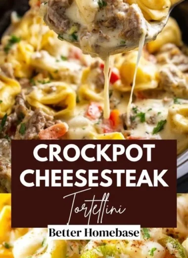 Crock Pot Cheesesteak Tortellini garnished with herbs in a bowl