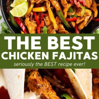 Delicious easy chicken fajitas with peppers and onions served on a plate