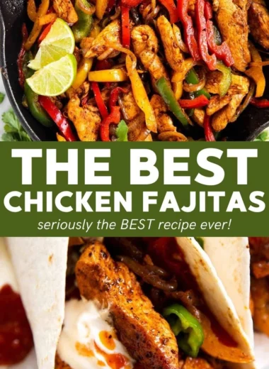 Delicious easy chicken fajitas with peppers and onions served on a plate