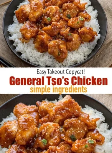 Delicious plate of General Tso's Chicken garnished with green onions and sesame seeds