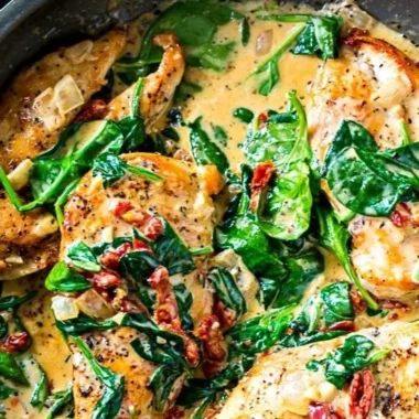 Creamy Tuscan chicken dish with herbs and vegetables in a bowl.