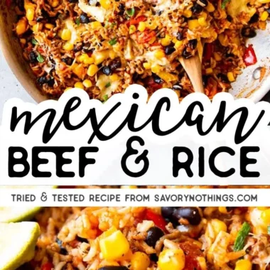 Mexican Beef and Rice Skillet topped with fresh herbs and served in a skillet.