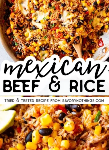 Mexican Beef and Rice Skillet topped with fresh herbs and served in a skillet.