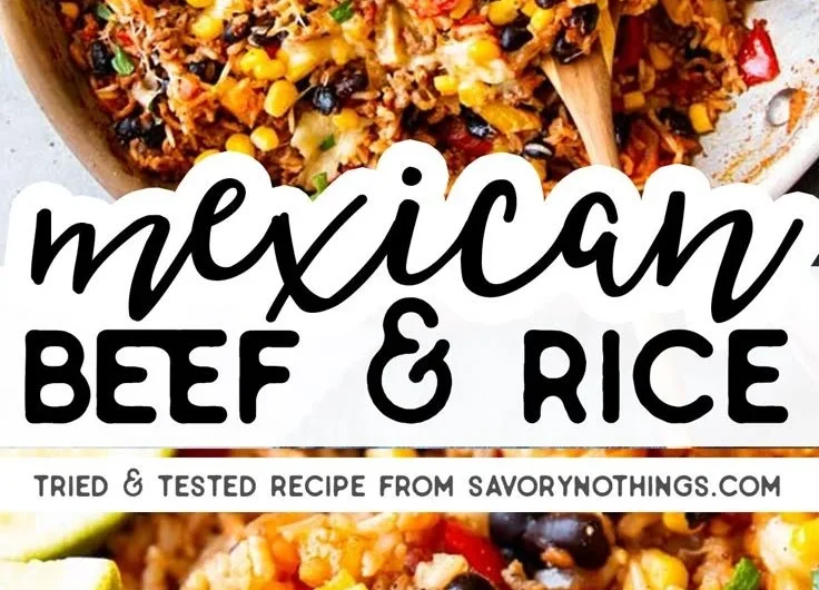 Mexican Beef and Rice Skillet topped with fresh herbs and served in a skillet.