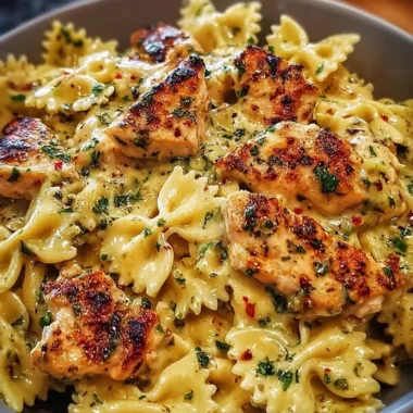 Mozzarella garlic butter chicken bowties served in creamy sauce.