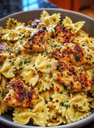 Mozzarella garlic butter chicken bowties served in creamy sauce.