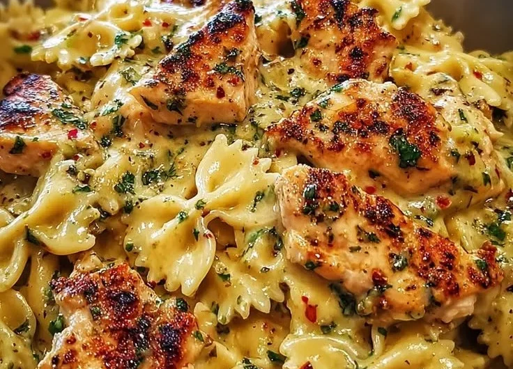 Mozzarella garlic butter chicken bowties served in creamy sauce.