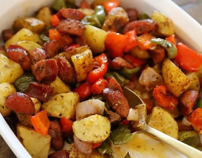One-Pan Roasted Sausage with Peppers and Potatoes presented on a plate