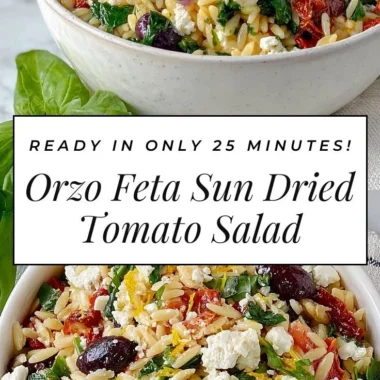Orzo pasta salad with feta cheese and sun-dried tomatoes in a bowl.