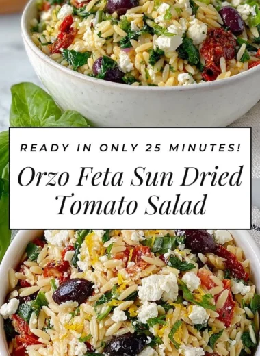 Orzo pasta salad with feta cheese and sun-dried tomatoes in a bowl.