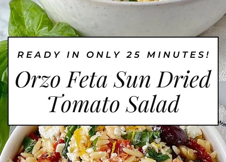 Orzo pasta salad with feta cheese and sun-dried tomatoes in a bowl.