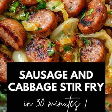 Sausage and Cabbage Stir Fry served in a bowl, garnished with herbs.