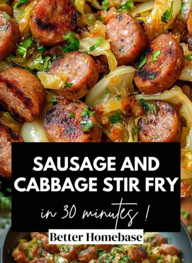 Sausage and Cabbage Stir Fry served in a bowl, garnished with herbs.