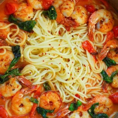 Shrimp pasta dish featuring garlic basil tomato sauce in a bowl