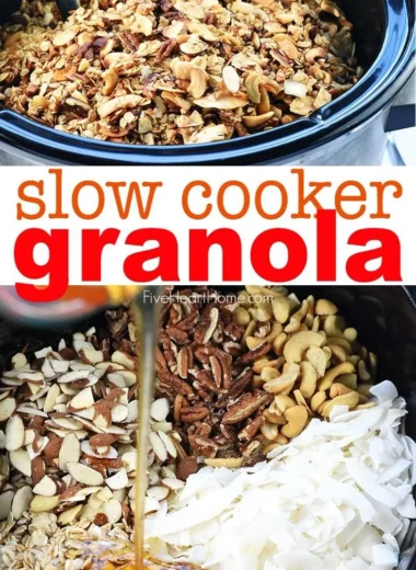 Bowl of homemade slow cooker granola with nuts and dried fruits.