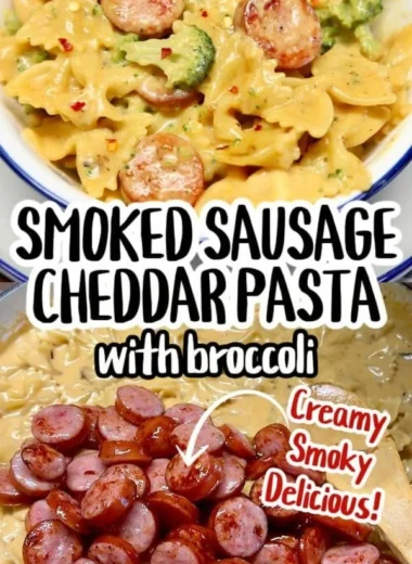 Delicious smoked sausage cheddar pasta served in a bowl.