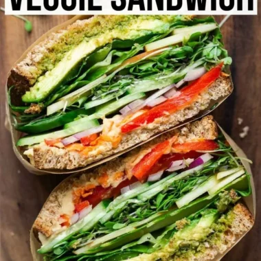 Colorful veggie sandwich loaded with fresh vegetables and healthy ingredients.