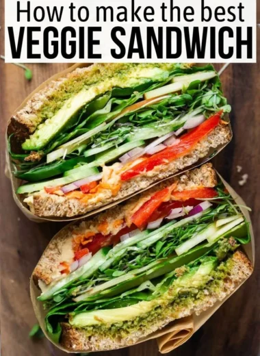 Colorful veggie sandwich loaded with fresh vegetables and healthy ingredients.