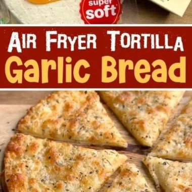 Air Fryer Cheesy Tortilla Garlic Bread recipe with melted cheese and garlic