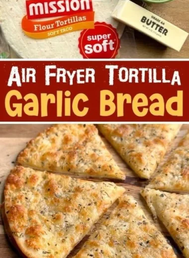 Air Fryer Cheesy Tortilla Garlic Bread recipe with melted cheese and garlic