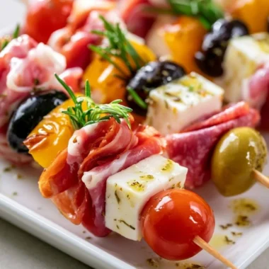 Colorful antipasto skewers with olives, cheese, and cured meats on a platter.