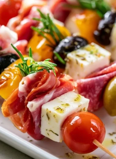 Colorful antipasto skewers with olives, cheese, and cured meats on a platter.