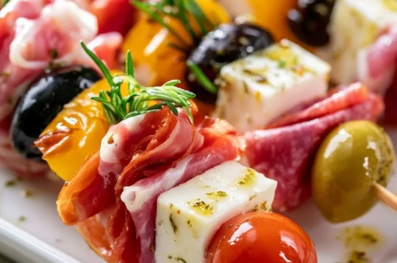 Colorful antipasto skewers with olives, cheese, and cured meats on a platter.