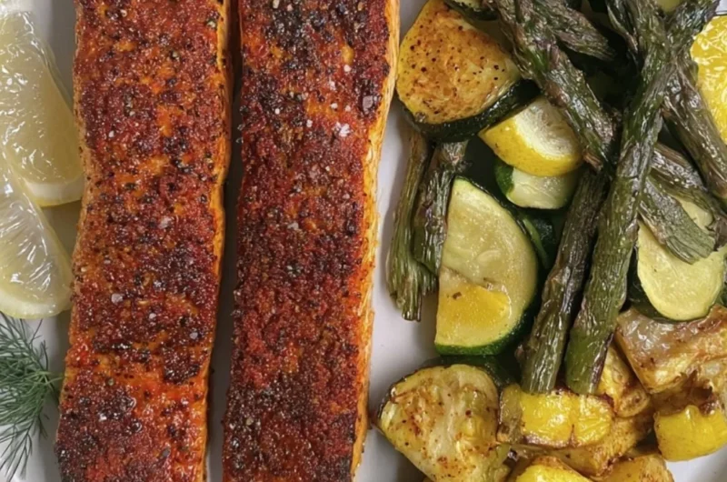 Delicious oven baked salmon served with herbs and lemon slices.