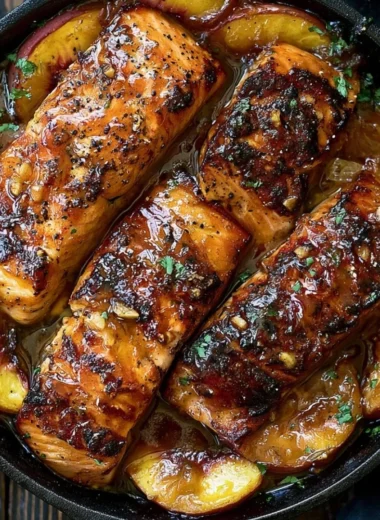 Bourbon Peach Roasted Salmon garnished with peaches on a plate.