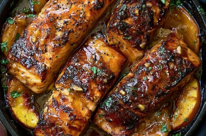 Bourbon Peach Roasted Salmon garnished with peaches on a plate.