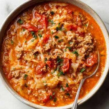 A bowl of homemade cabbage roll soup with fresh cabbage and meat