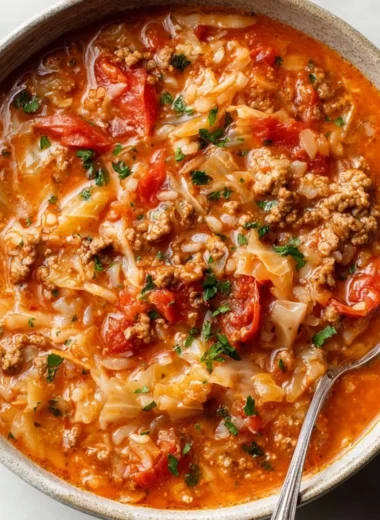 A bowl of homemade cabbage roll soup with fresh cabbage and meat