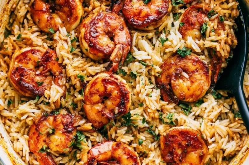Cajun shrimp served over rice garnished with herbs