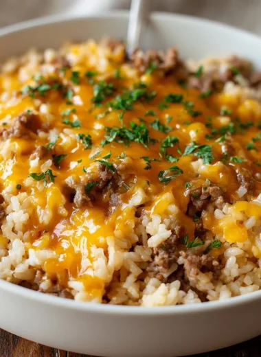 Delicious cheesy ground beef and rice casserole served in a baking dish