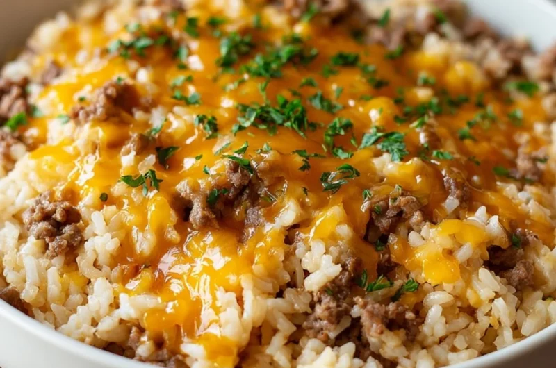 Delicious cheesy ground beef and rice casserole served in a baking dish