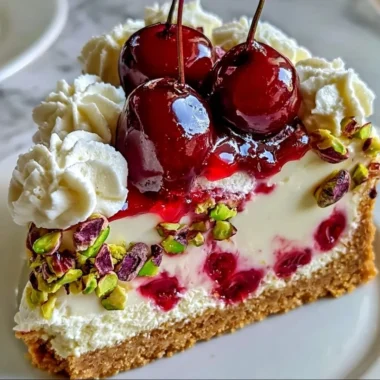 Slice of Cherry Pistachio Cheesecake topped with cherries and pistachios