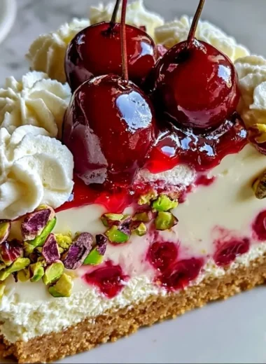 Slice of Cherry Pistachio Cheesecake topped with cherries and pistachios