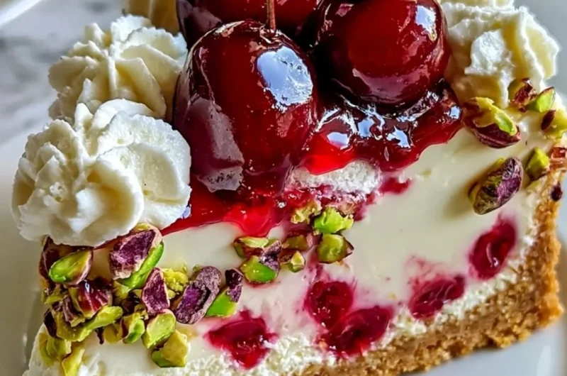 Slice of Cherry Pistachio Cheesecake topped with cherries and pistachios