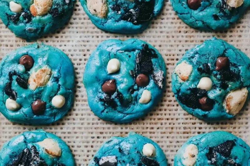 Freshly baked Cookie Monster cookies with chocolate chips and colorful sprinkles