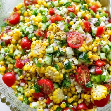 Fresh corn salad with colorful vegetables and dressing