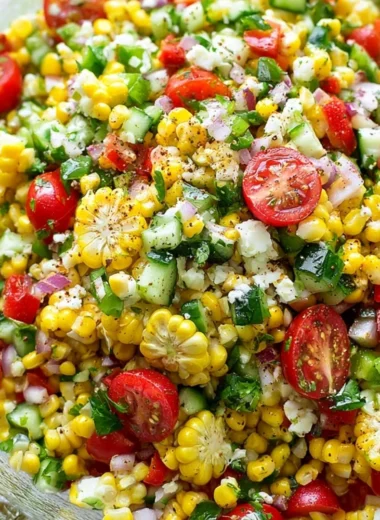 Fresh corn salad with colorful vegetables and dressing