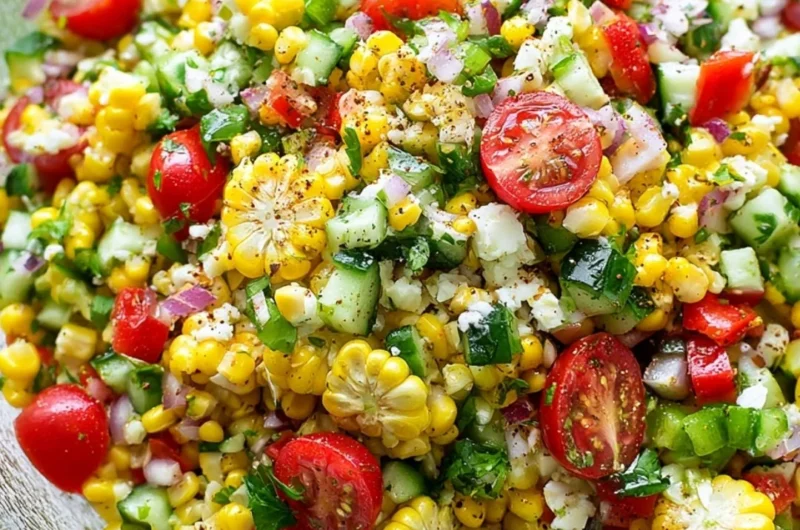 Fresh corn salad with colorful vegetables and dressing