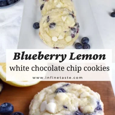 Delicious blueberry lemon cookies with white chocolate chips on a cooling rack.