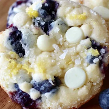Cozy blueberry lemon white chocolate chip cookies on a rustic wooden table